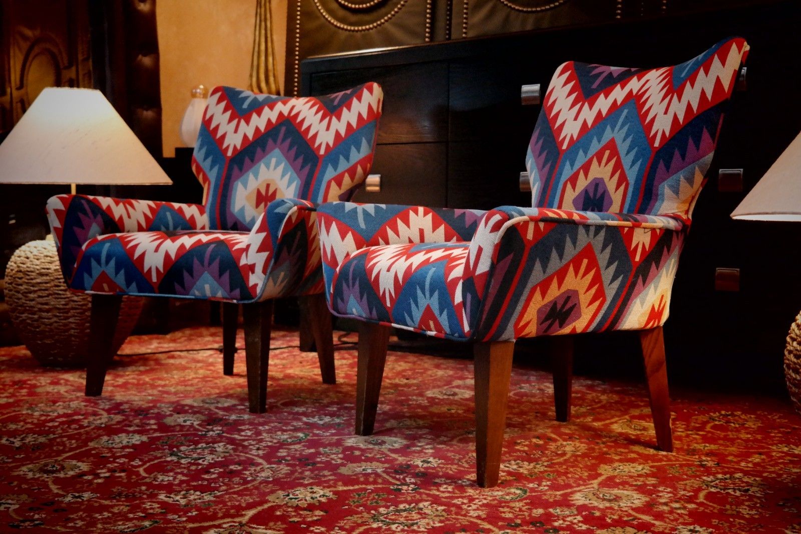 Pair George Smith Bedroom Nursing Kilim Under Wndow Armchairs Blue Red Rrp£11600 photo vinterior