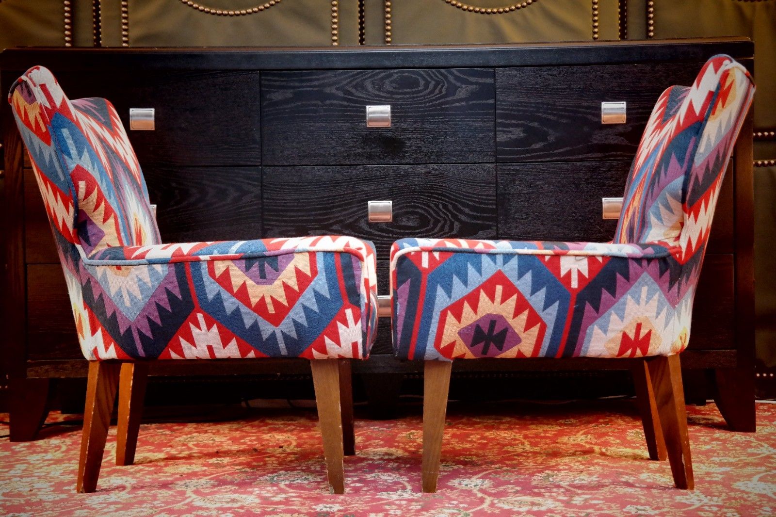 photo for sale Pair George Smith Bedroom Nursing Kilim Under Wndow Armchairs Blue Red Rrp£11600