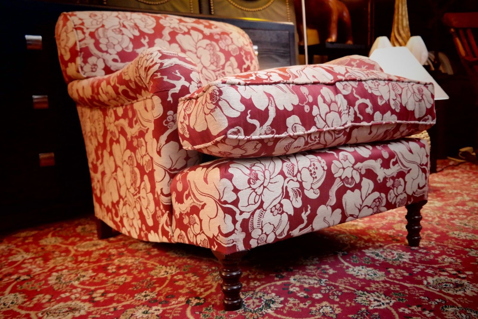 photo vintage George Smith Standard Signature Large Armchair Footstool Spice Japonais Fabric🚚