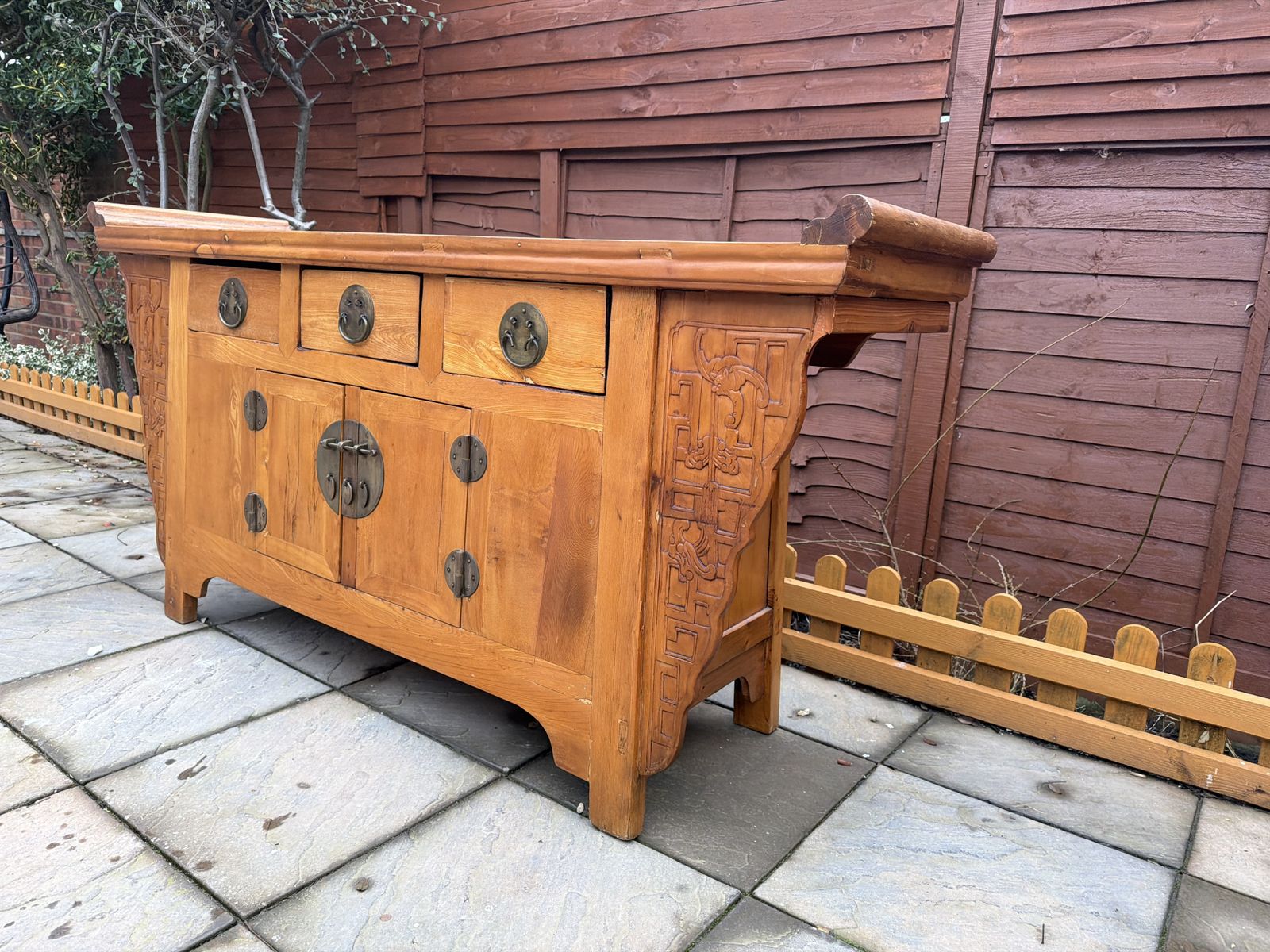 Furniture 19th Century Qing Dynasty Style Natural Wood Carved Spandrel Sideboard – Good Condition photo