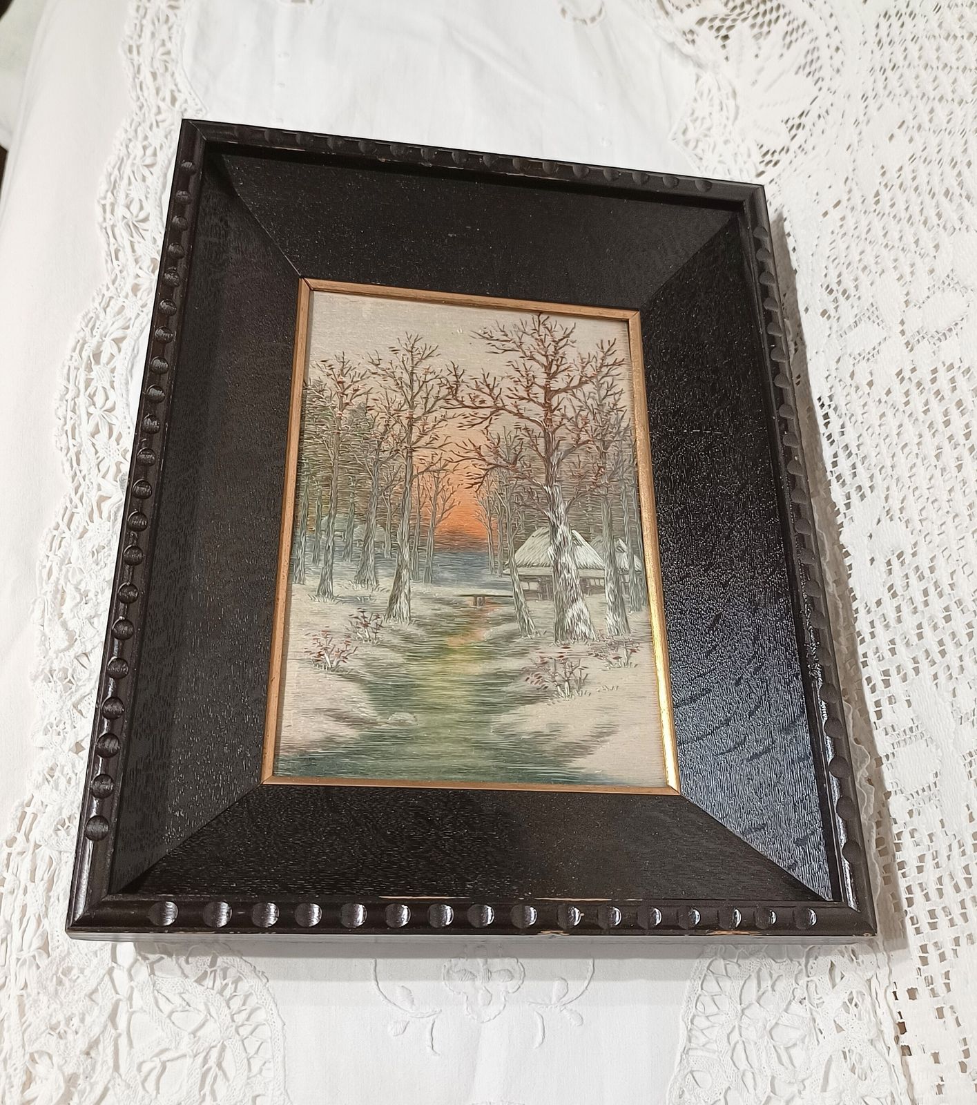 Antique Silk Shading Embroidery Picture Snow Scene,Black Wooden Frame. photo vinterior