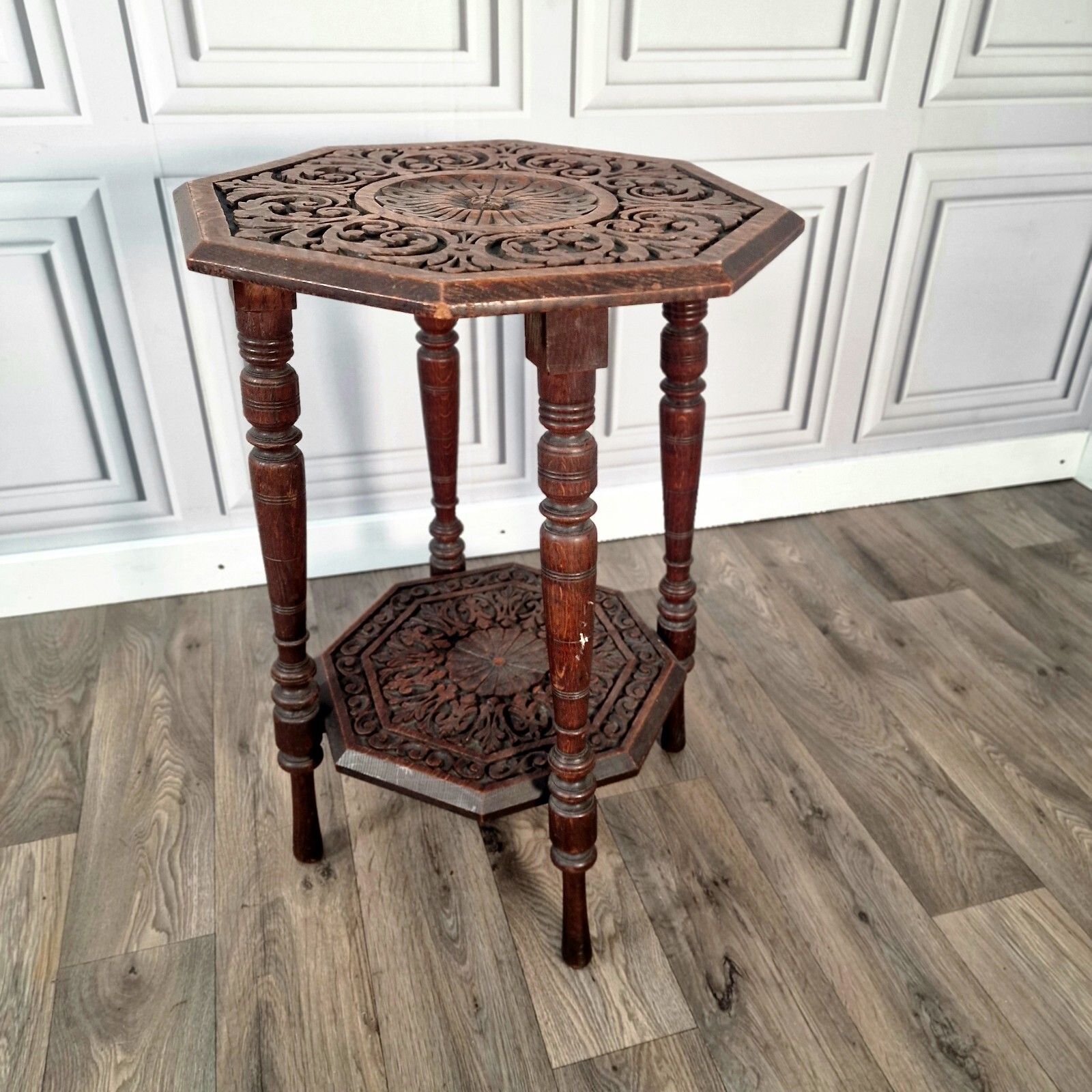 Antique Octagonal Table Solid Wooden Edwardian Style Carved Hall On Turned Legs photo furniture