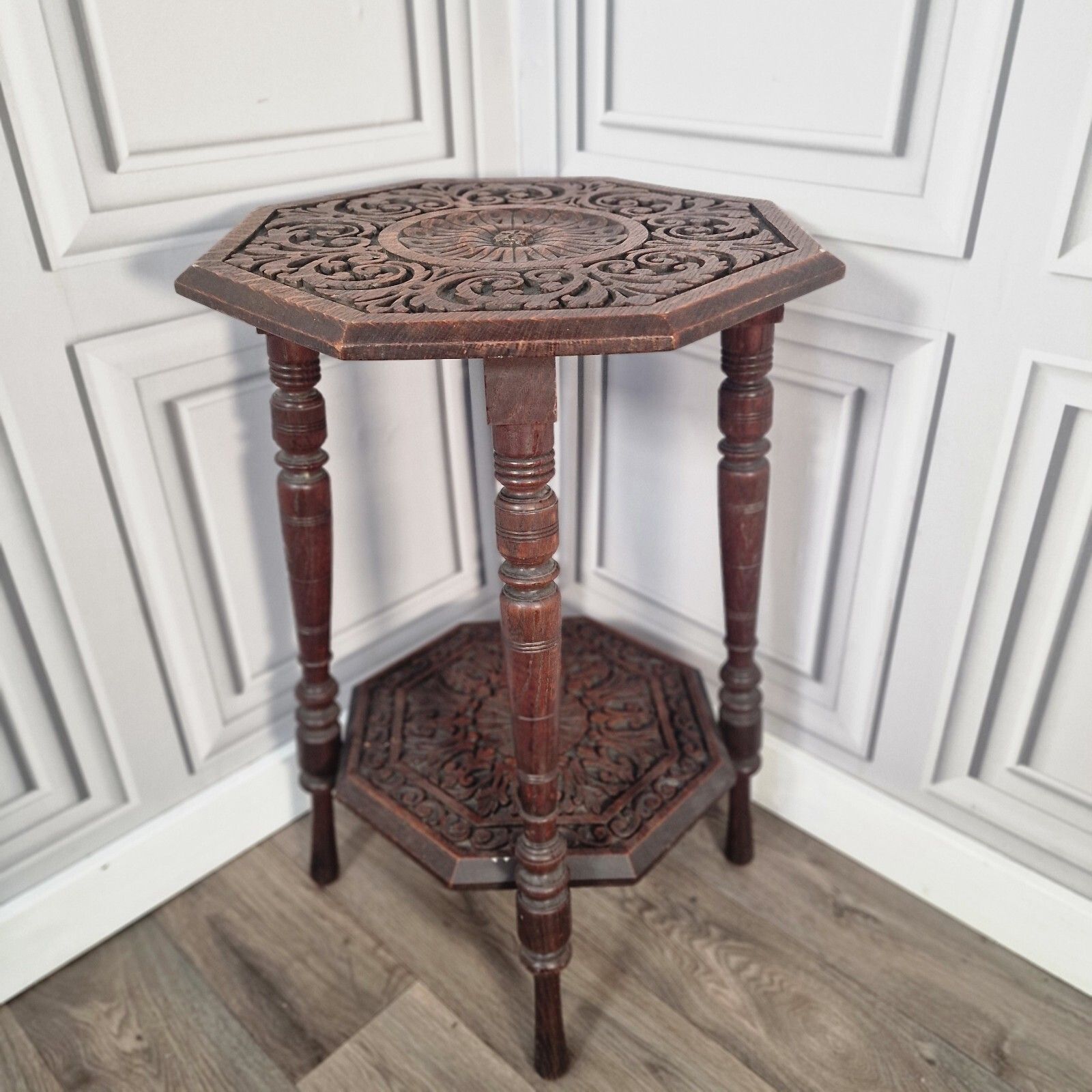 Antique Octagonal Table Solid Wooden Edwardian Style Carved Hall On Turned Legs photo buy