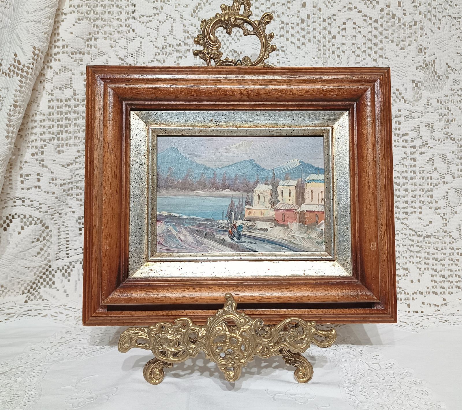 Small Oil Painting Mountain Village Landscape Imprestionist Style Framed. photo Art