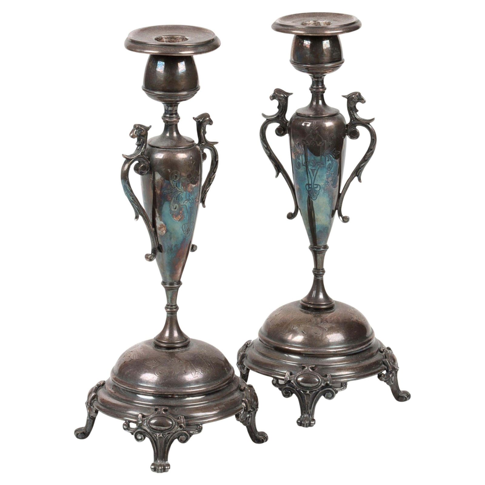 Pair Candle Holder Silver Antique Rococo Style Candlesticks, Decorative Patina