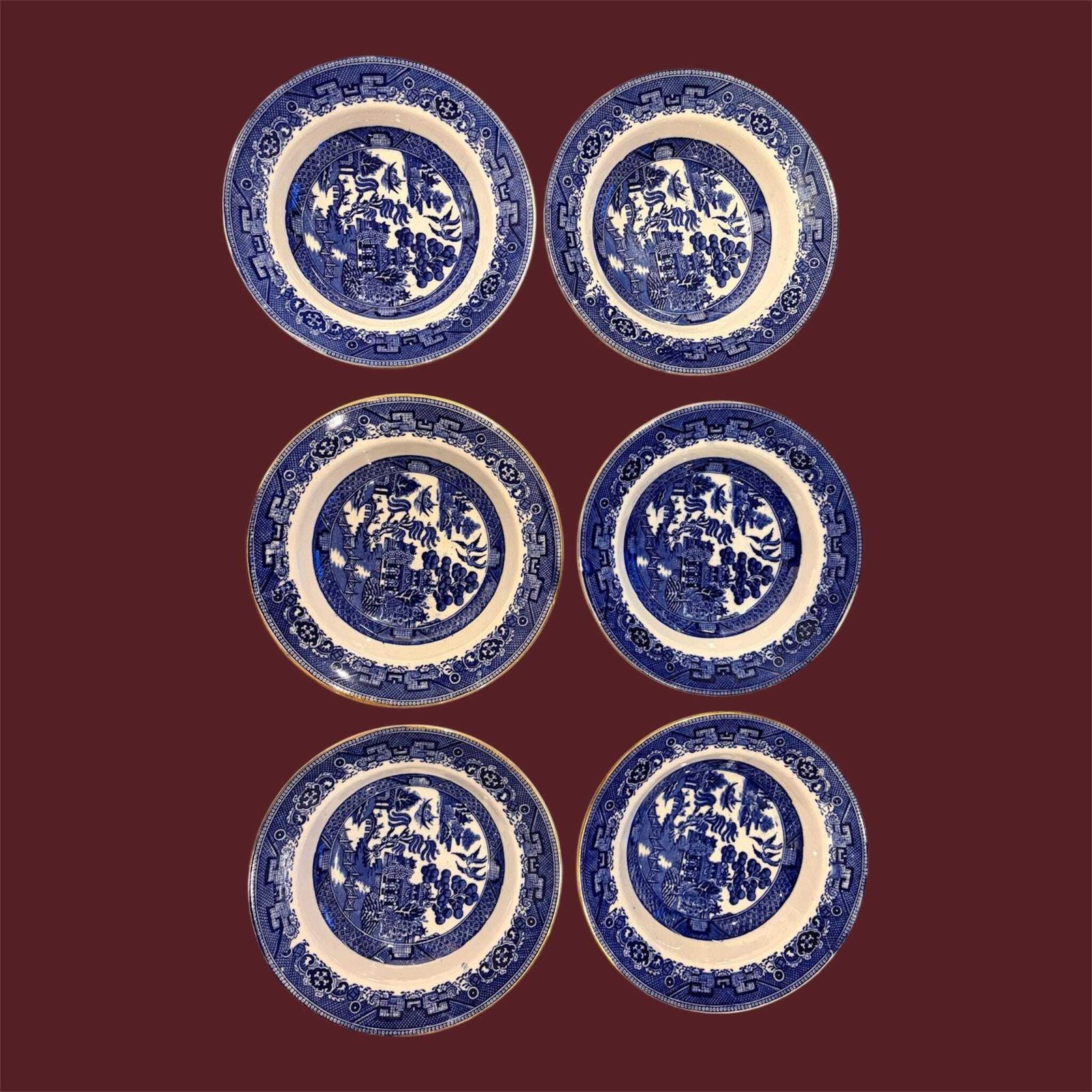 Antique Doulton + Co Willow Pattern Bowls Set Of 6 | Pre Royal Doulton Blue & White Transfer Ware C.1880 To 1900 England photo furniture