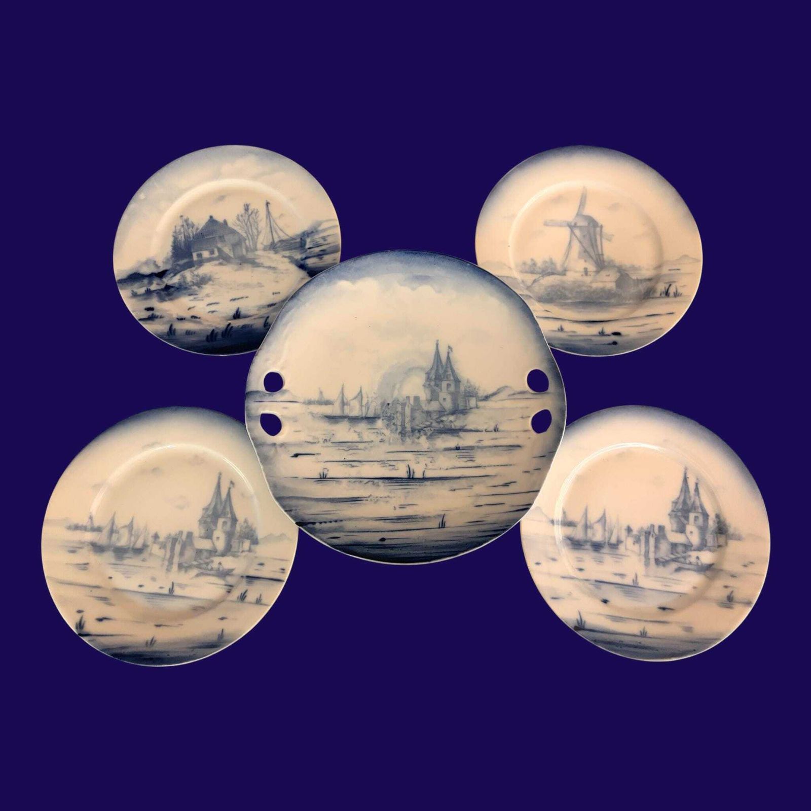Antique Victoria Carlsbad Austria Blue & White Scenic Plates Set | Porcelain C.1891–1918 | Delft Style Landscape Design photo furniture
