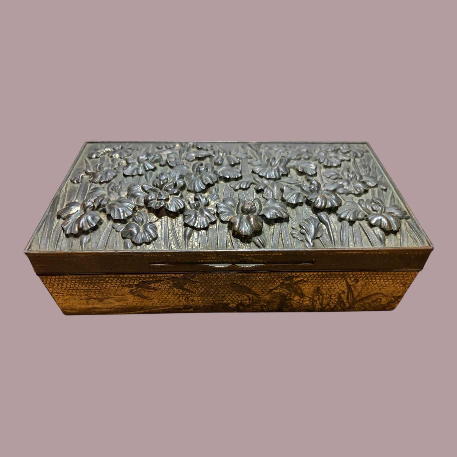 Late Victorian Spelter Box, Gilt Iris Decorative Keepsake Box, Antique Desk Or Memory Box C.1900 photo furniture