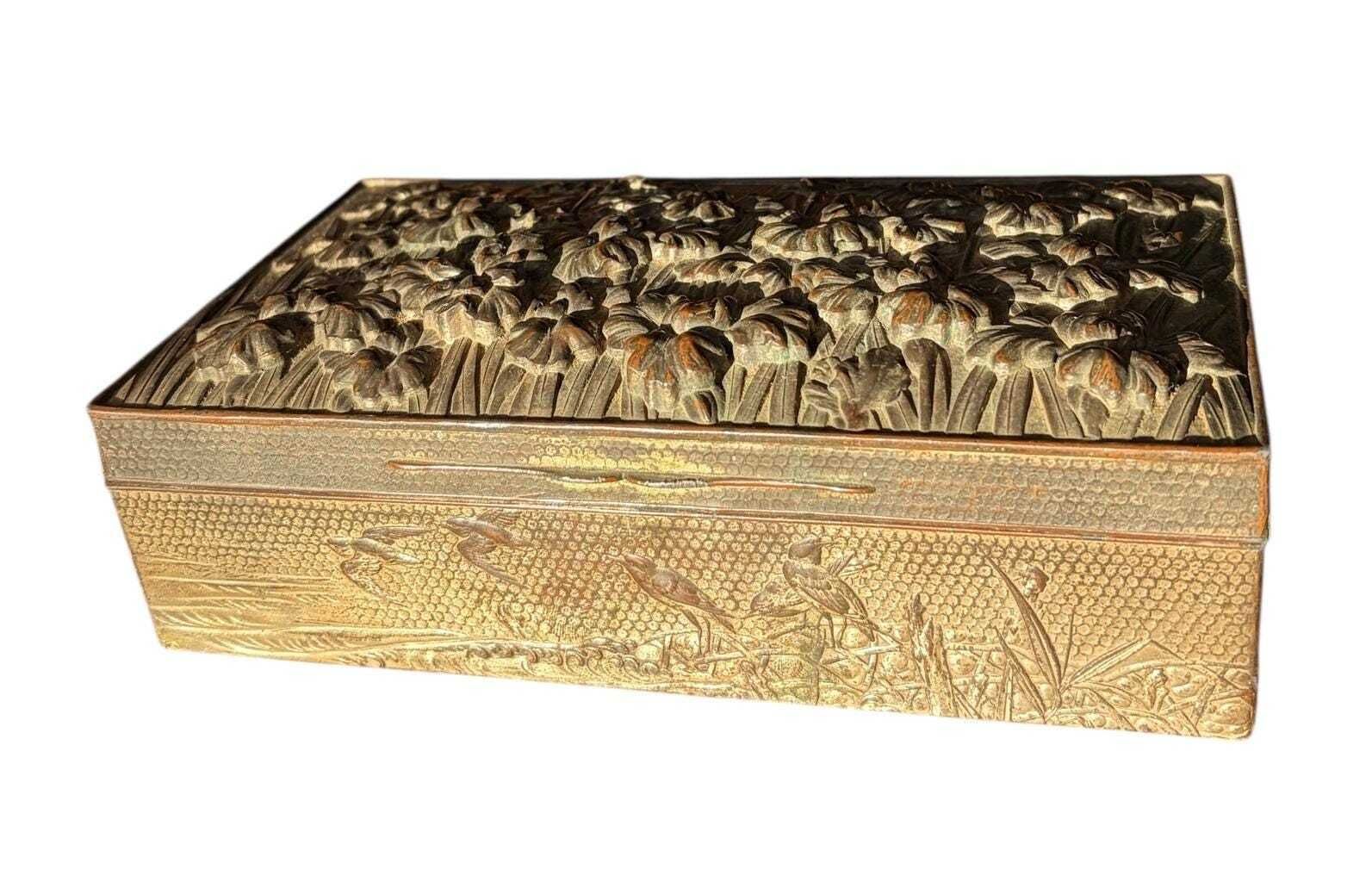 Late Victorian Spelter Box, Gilt Iris Decorative Keepsake Box, Antique Desk Or Memory Box C.1900 photo vinterior
