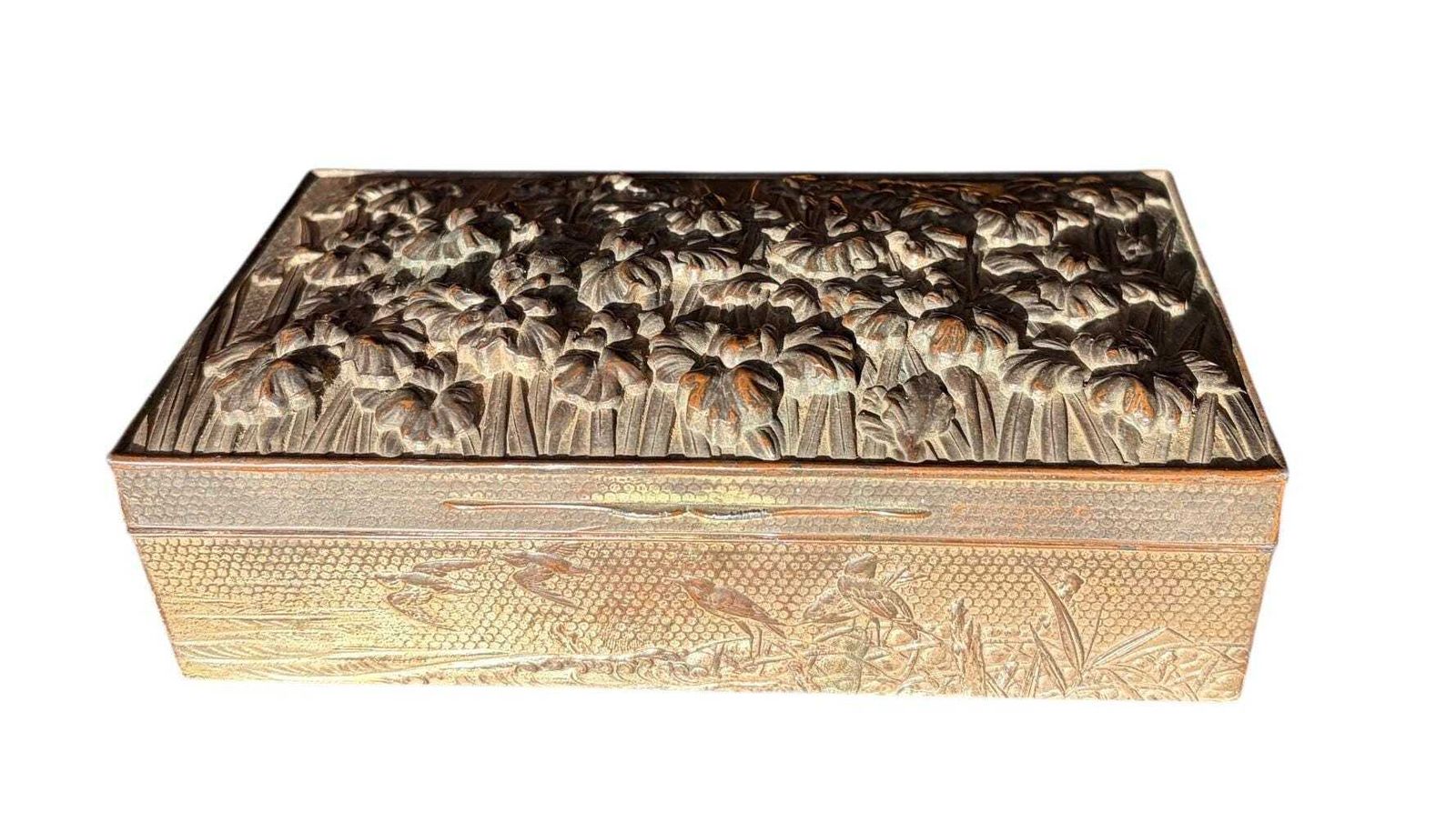 photo buy Late Victorian Spelter Box, Gilt Iris Decorative Keepsake Box, Antique Desk Or Memory Box C.1900