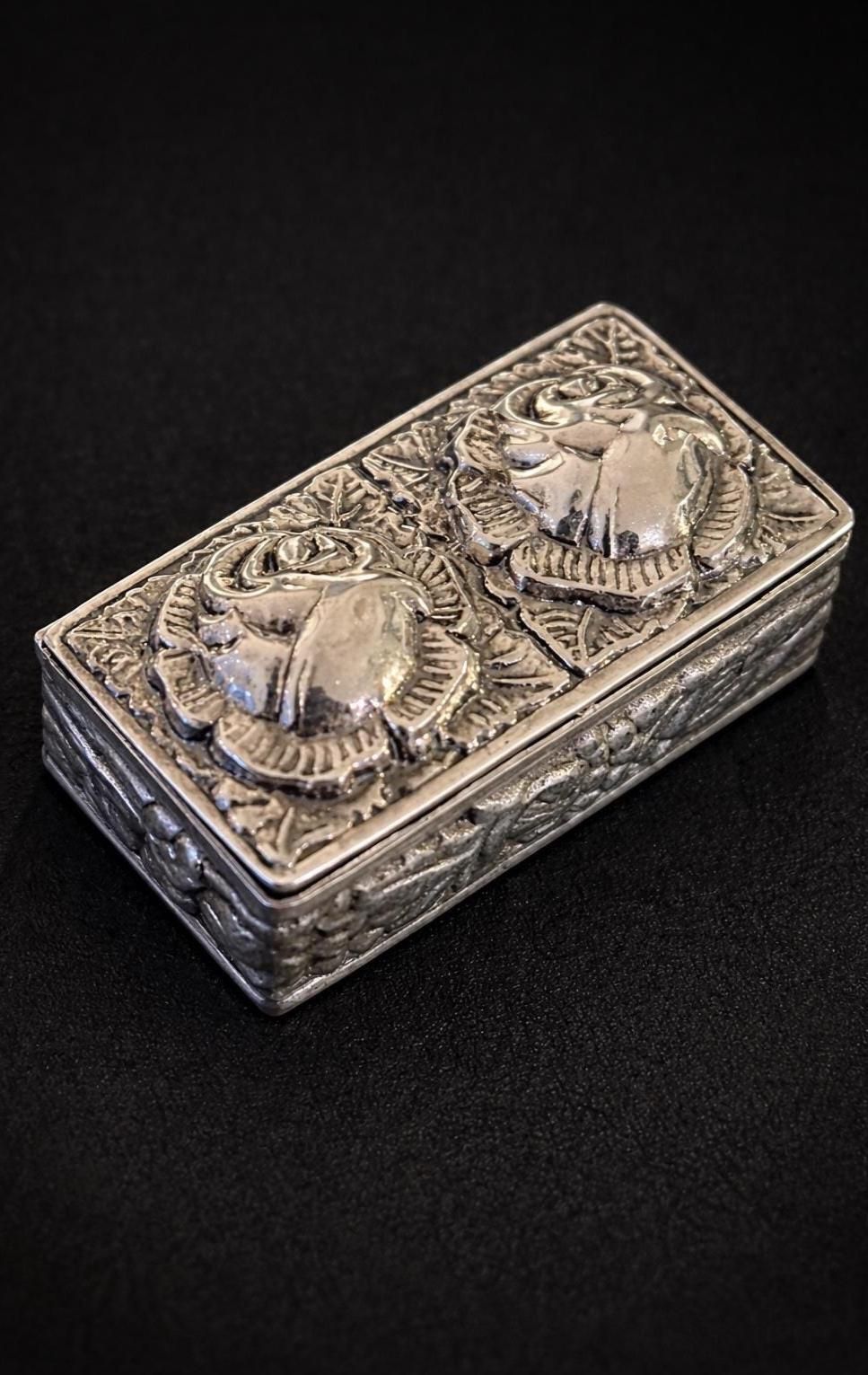 Antique Sterling Silver Box 925 – Minerva Head – Romantic Hand Repoussé Floral Design – C. 1930