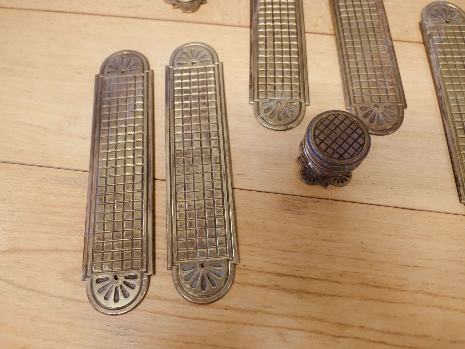 A Set Of Heavy Arts And Crafts Brass Door Finger Plates And Knobs photo furniture