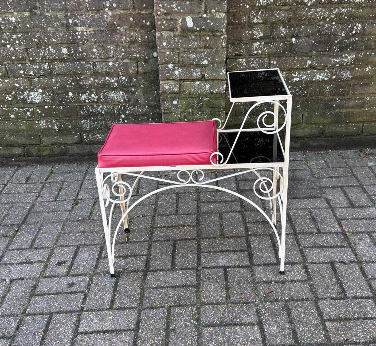 Vintage Cream Scrollwork, Wrought Iron Telephone Table With Red Vinyl Seat And Smoky Glass Shelves, Mid Century Hallway Accent Furniture