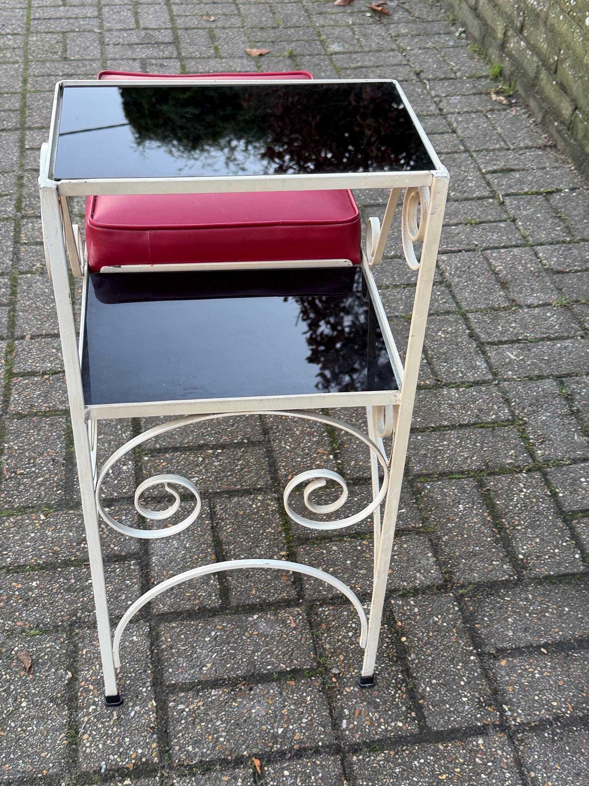 Vintage Cream Scrollwork, Wrought Iron Telephone Table With Red Vinyl Seat And Smoky Glass Shelves, Mid Century Hallway Accent Furniture photo 375.0
