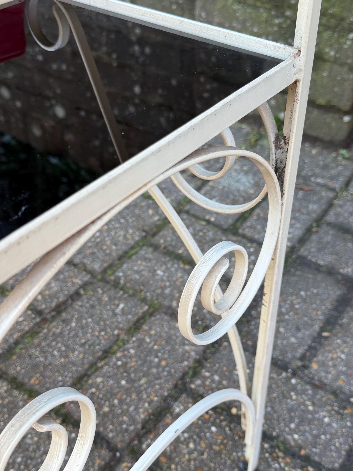 Vintage Cream Scrollwork, Wrought Iron Telephone Table With Red Vinyl Seat And Smoky Glass Shelves, Mid Century Hallway Accent Furniture photo vintage