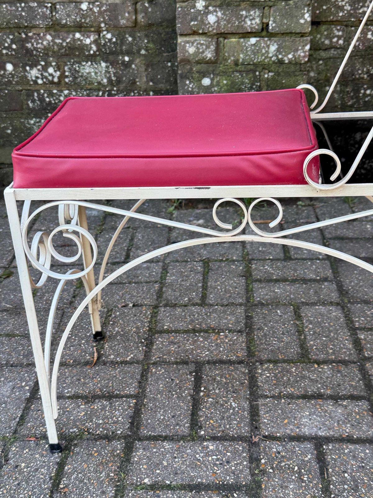 photo vinterior Vintage Cream Scrollwork, Wrought Iron Telephone Table With Red Vinyl Seat And Smoky Glass Shelves, Mid Century Hallway Accent Furniture