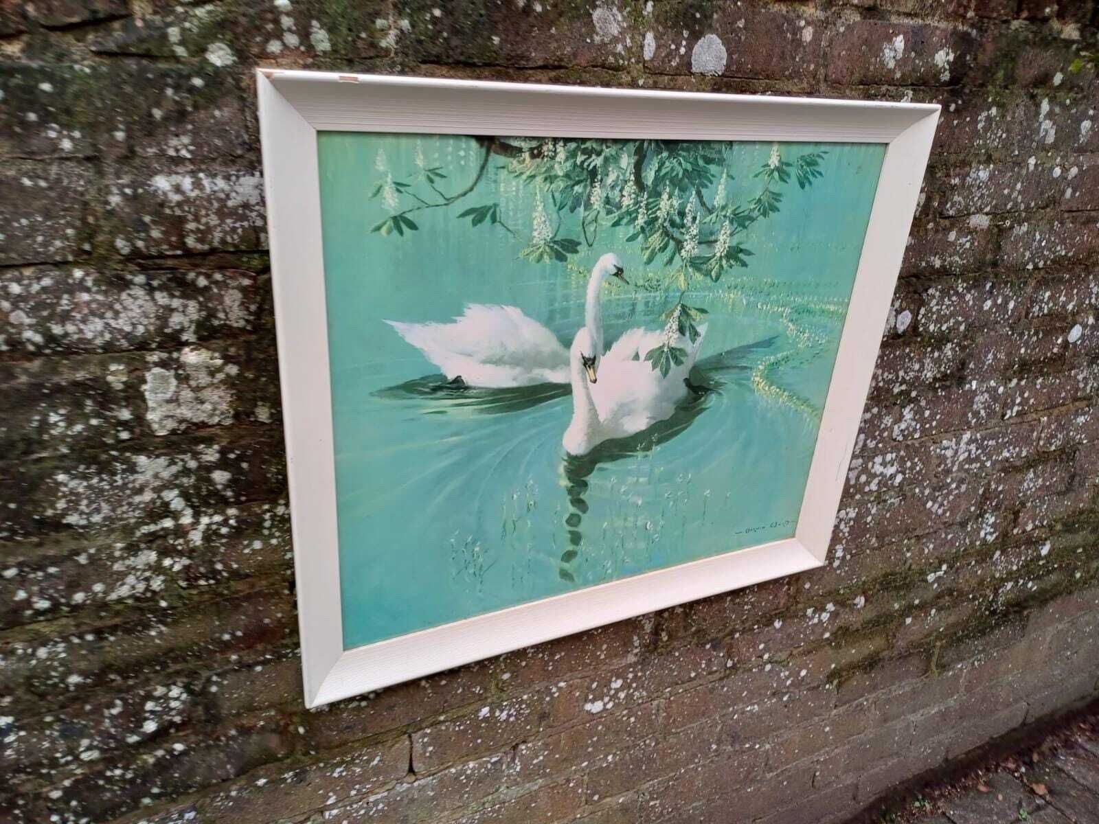 Authentic Retro Vernon Ward Swan Print Mid Century Vintage Framed British Art photo 145.0