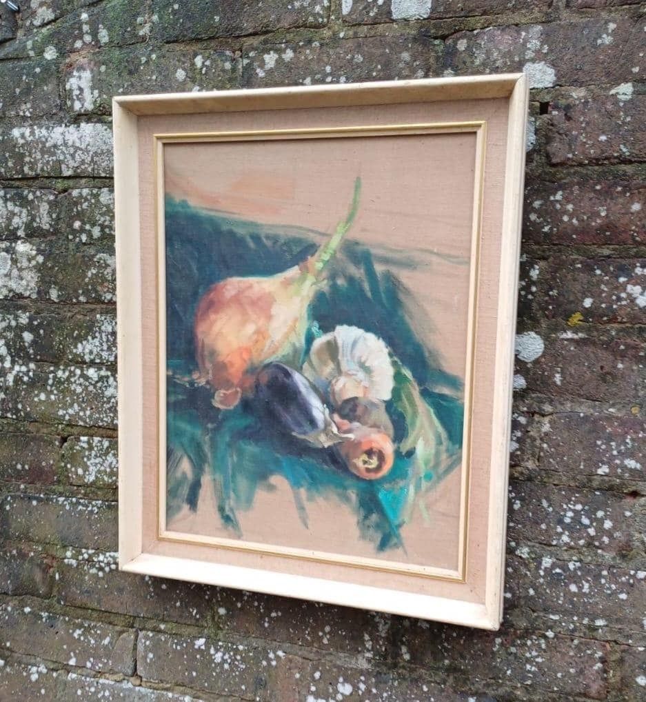 Vintage Still Life Oil Painting Vegetables Kitchen Art Mid Century Modern Framed (44cm X 52cm)