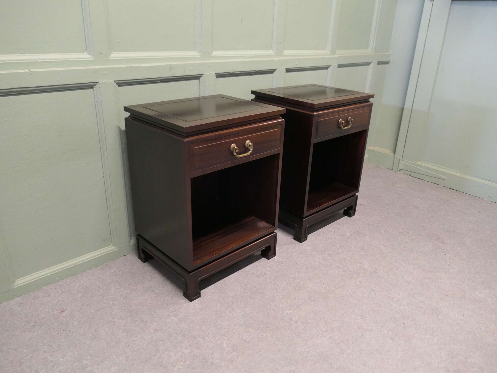 A Pair Of Mid Century Teak Oriental Style Cupboards Or Night Tables photo Furniture