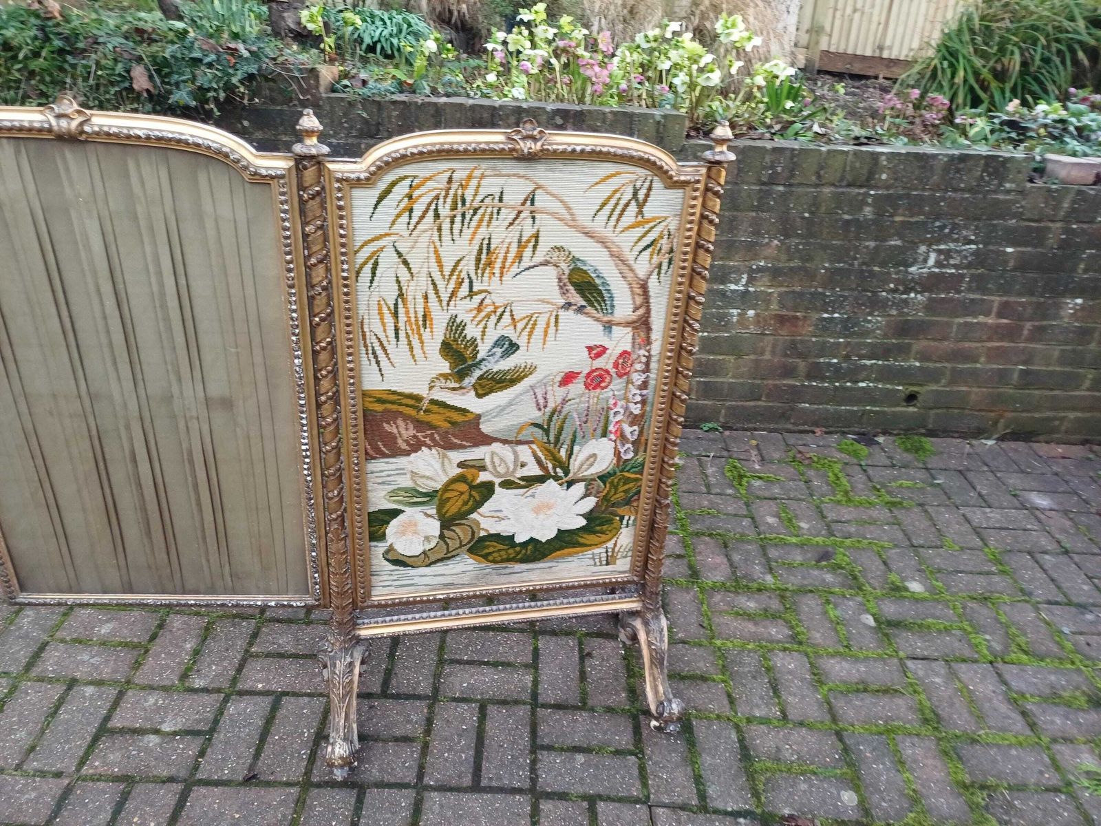 Huge Grand Ornate Antique Gold Gilt Kingfisher Tapestry Folding Fire Or Vintage Vanity Privacy Screen Curtain Castors photo furniture