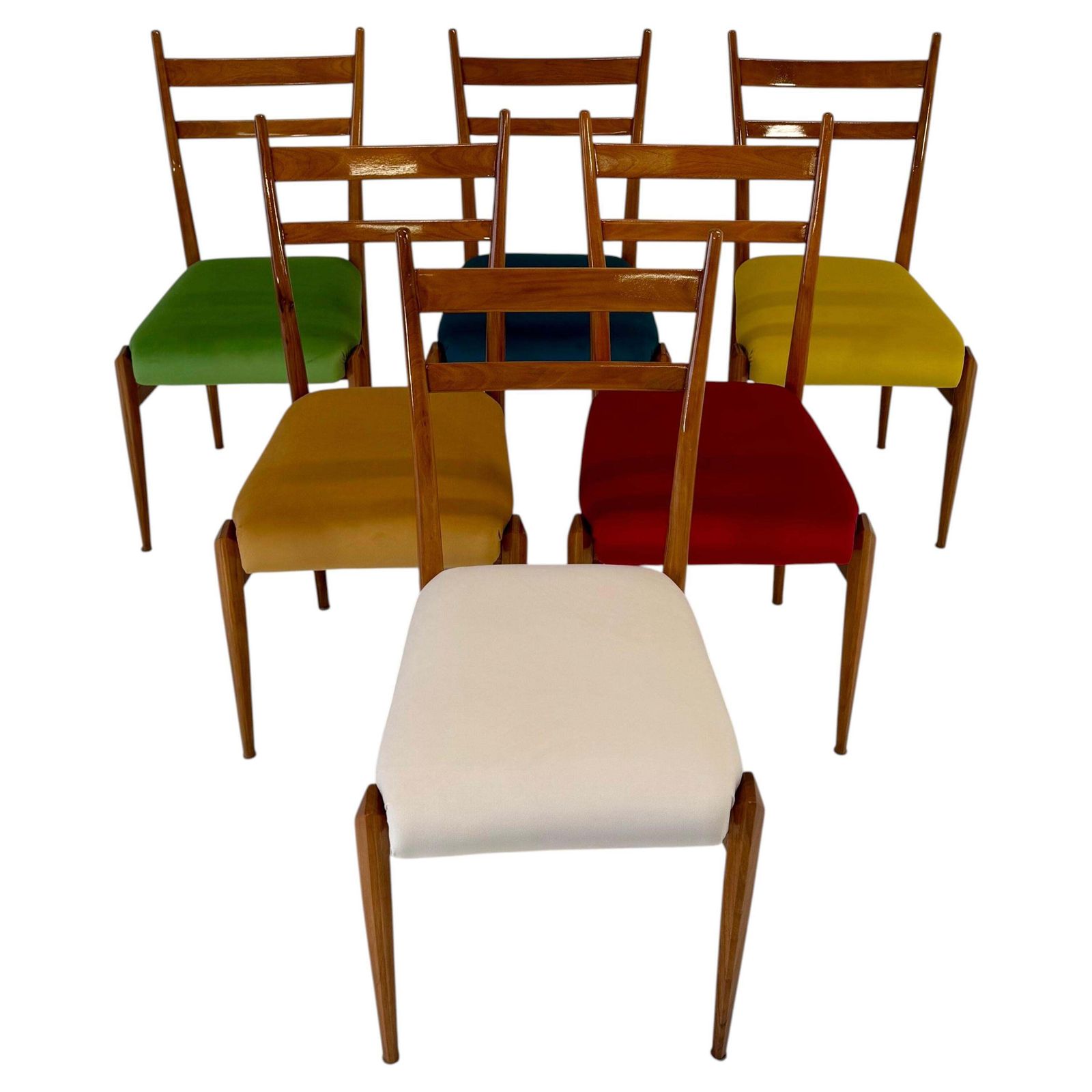 Set Of Six Italian Art Deco Walnut Chairs With Colorful Velvet Seats, 1950s