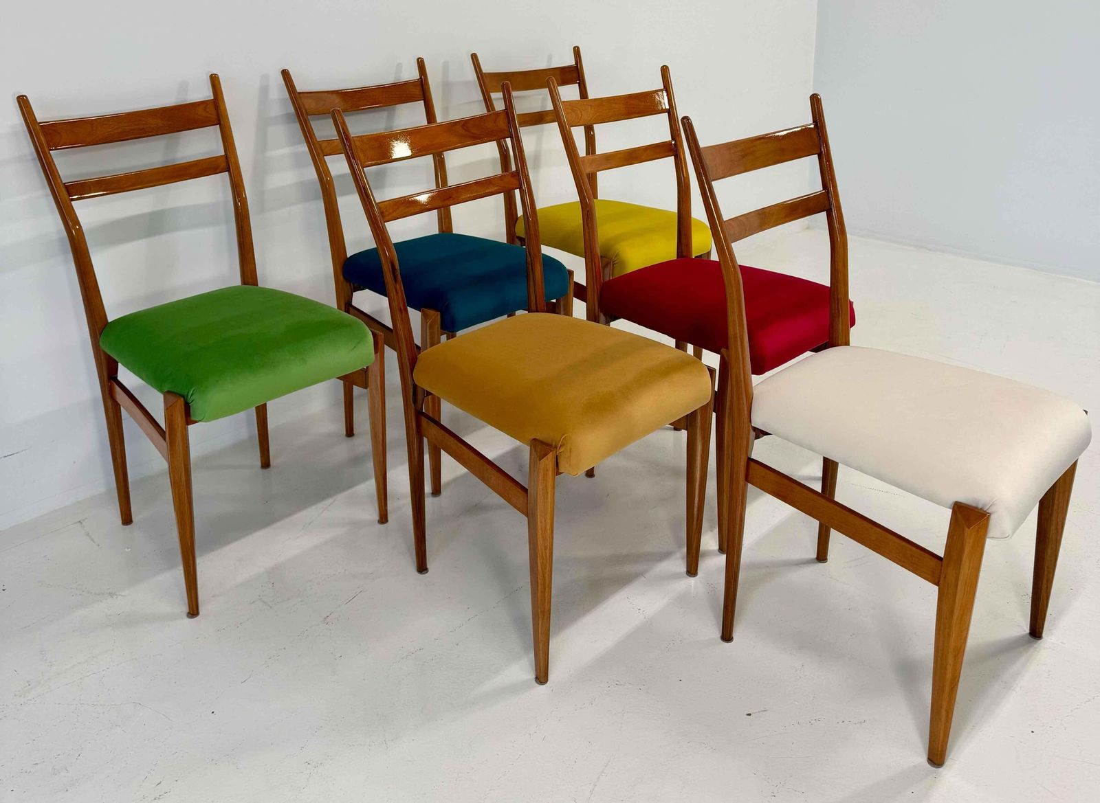 photo furniture Set Of Six Italian Art Deco Walnut Chairs With Colorful Velvet Seats, 1950s