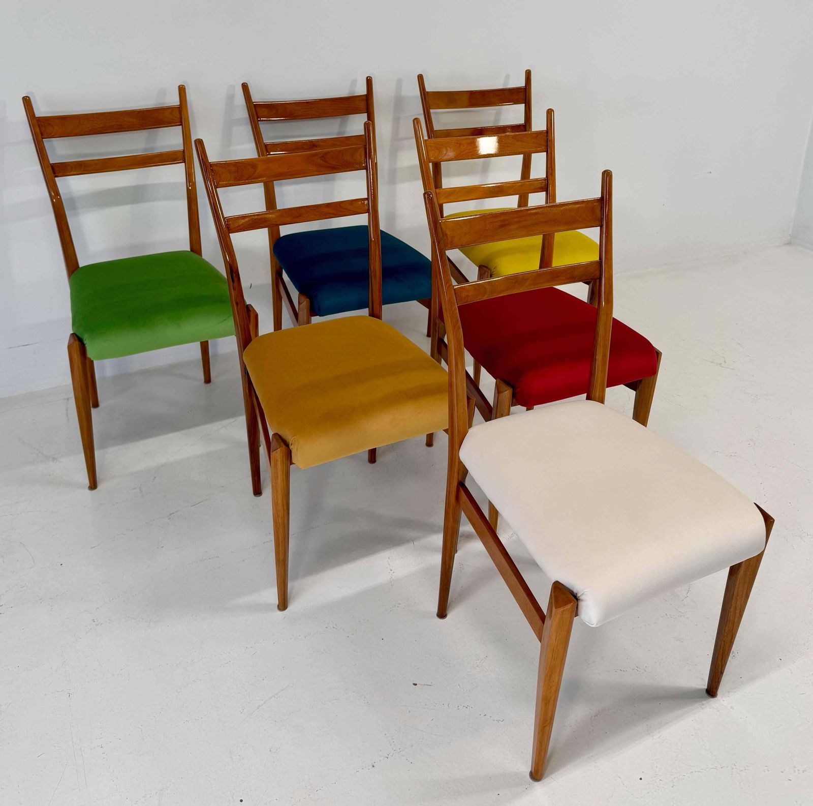 Furniture Set Of Six Italian Art Deco Walnut Chairs With Colorful Velvet Seats, 1950s photo