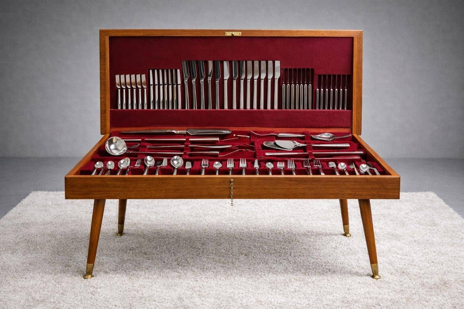 Modernist Cutlery Set In Its Wooden Cabinet, 130 Stainless Steel Pieces From The 1960s. photo Home Decor