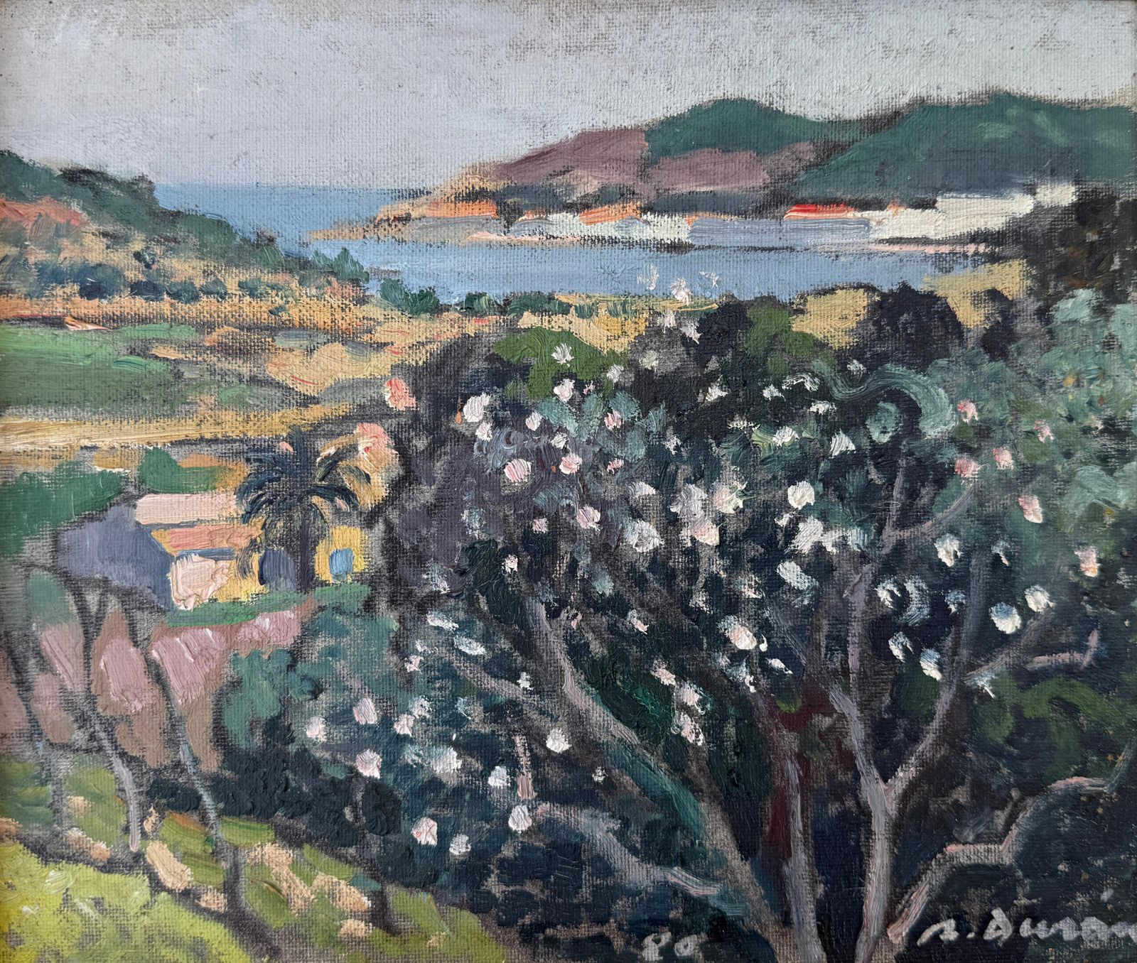 Rafael Duran Benet Oil Painting Mediterranean Landscape With Flowering Trees C.1980