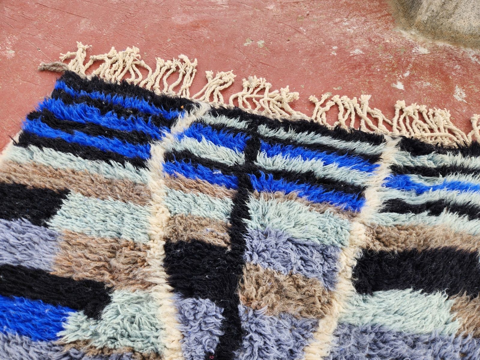 Vintage Moroccan Beni Ouarain Rug In Blue Tones – Handwoven Wool – 300 × 130 Cm photo for sale