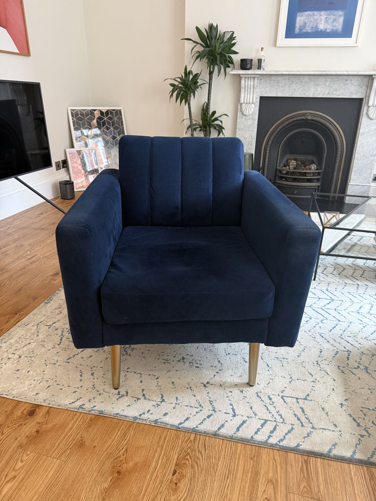 West Elm Navy Velvet Armchair – Mid Century Style