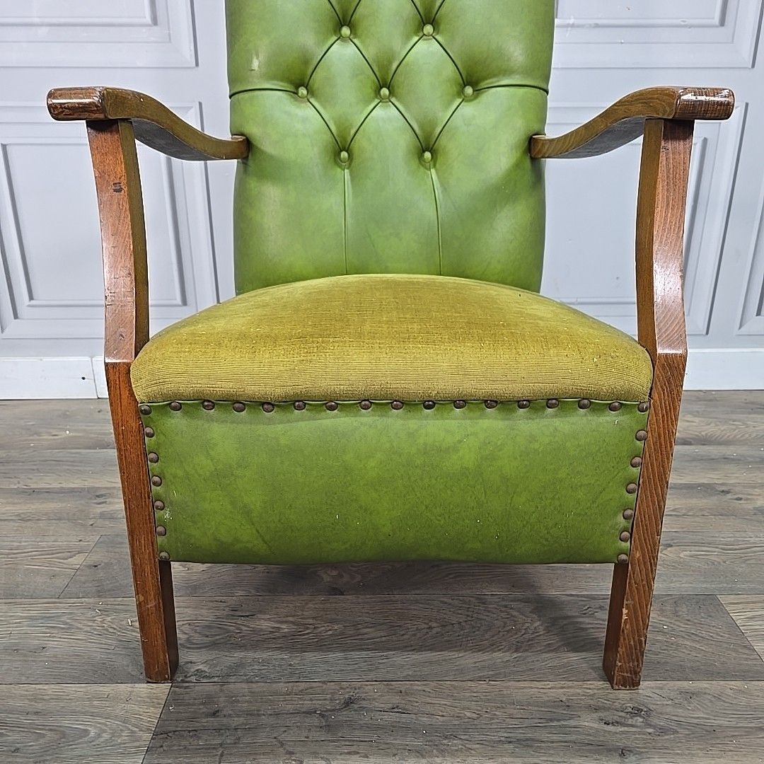 Antique Chesterfield Armchair Vintage Green  – Button Back Fabric Faux Leather photo vinterior
