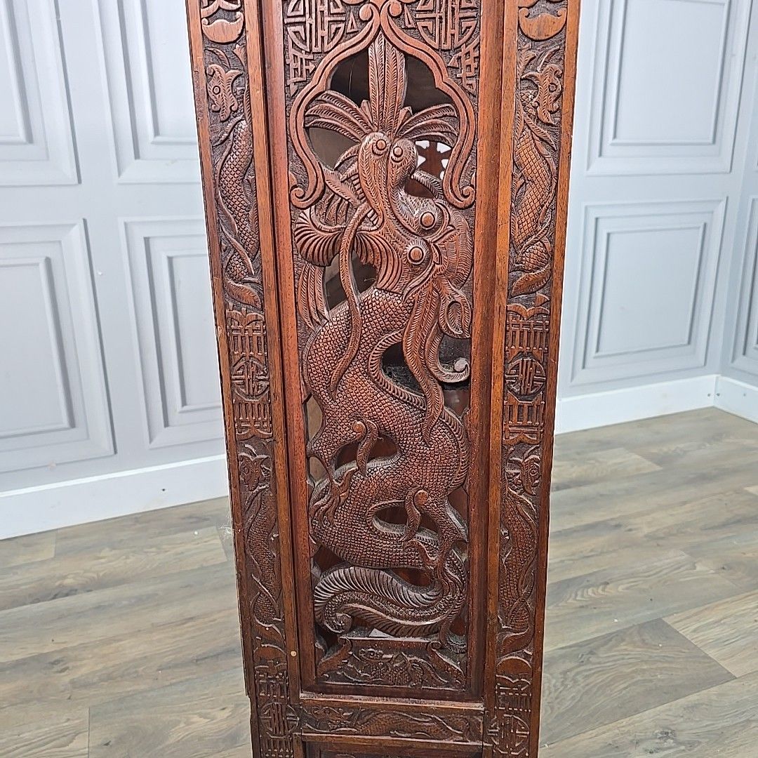 Furniture Antique Bookcase Shelves Carved Low Oriental Solid Wooden Display Shelving Unit photo
