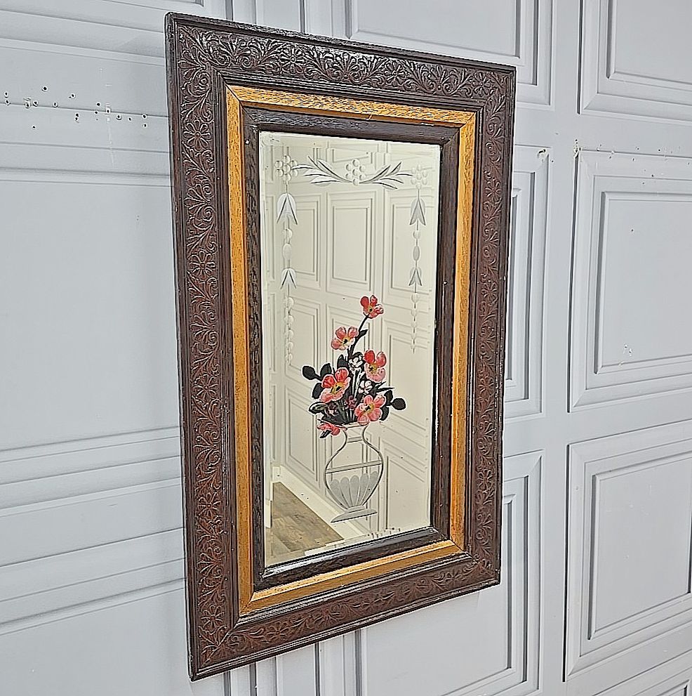 Antique Wall Mirror Carved Oak Frame – Bevelled & Etched Reverse Painted Glass photo furniture