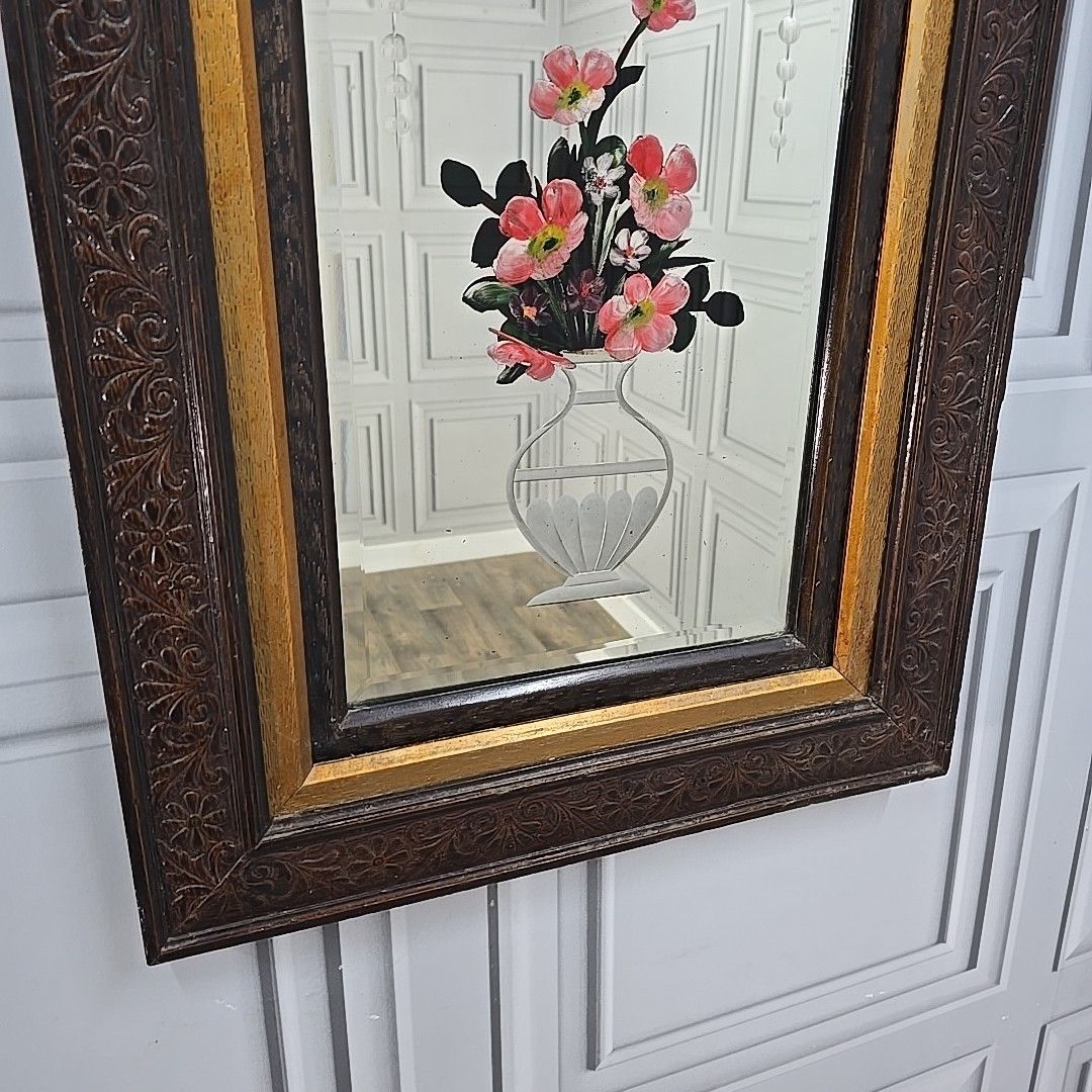 Antique Wall Mirror Carved Oak Frame – Bevelled & Etched Reverse Painted Glass photo Home Decor