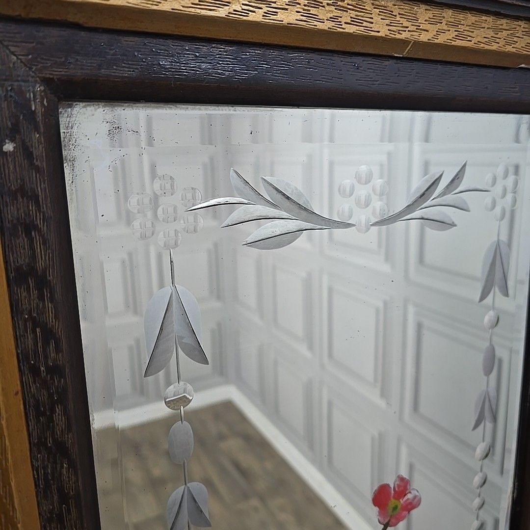 Antique Wall Mirror Carved Oak Frame – Bevelled & Etched Reverse Painted Glass photo vinterior