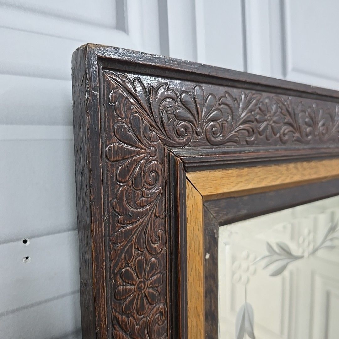 Antique Wall Mirror Carved Oak Frame – Bevelled & Etched Reverse Painted Glass photo vintage