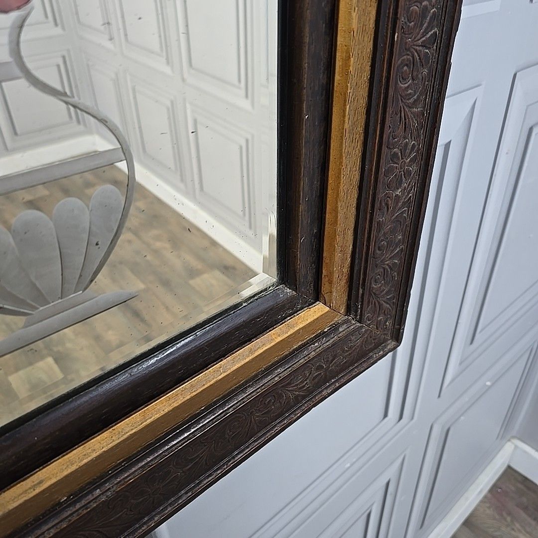 photo for sale Antique Wall Mirror Carved Oak Frame – Bevelled & Etched Reverse Painted Glass