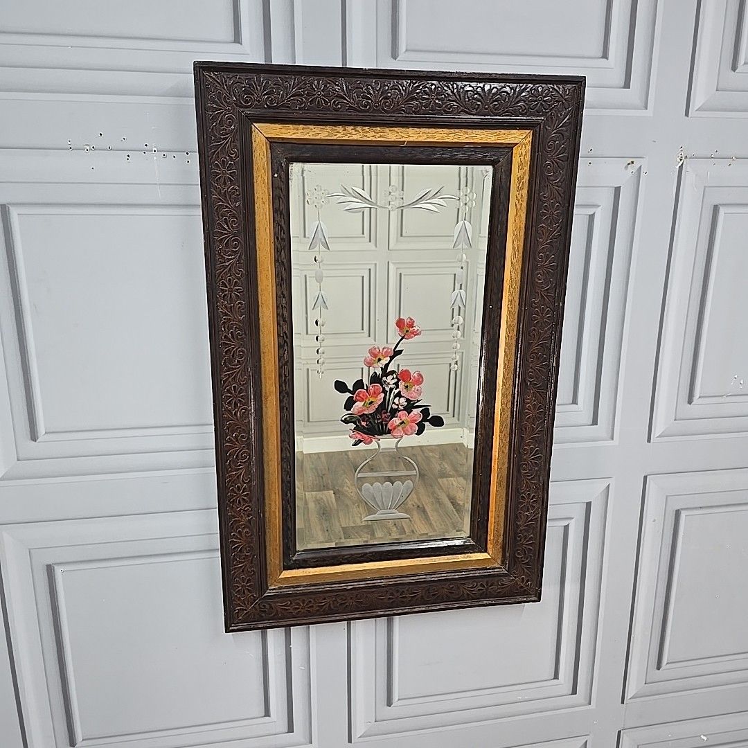 photo vinterior Antique Wall Mirror Carved Oak Frame – Bevelled & Etched Reverse Painted Glass