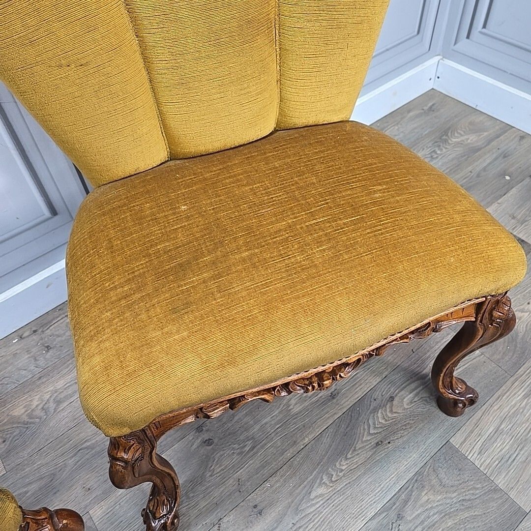 Antique Style Slipper Chairs Pair 2 Carved – Queen Anne Revival – Upholstered photo vinterior