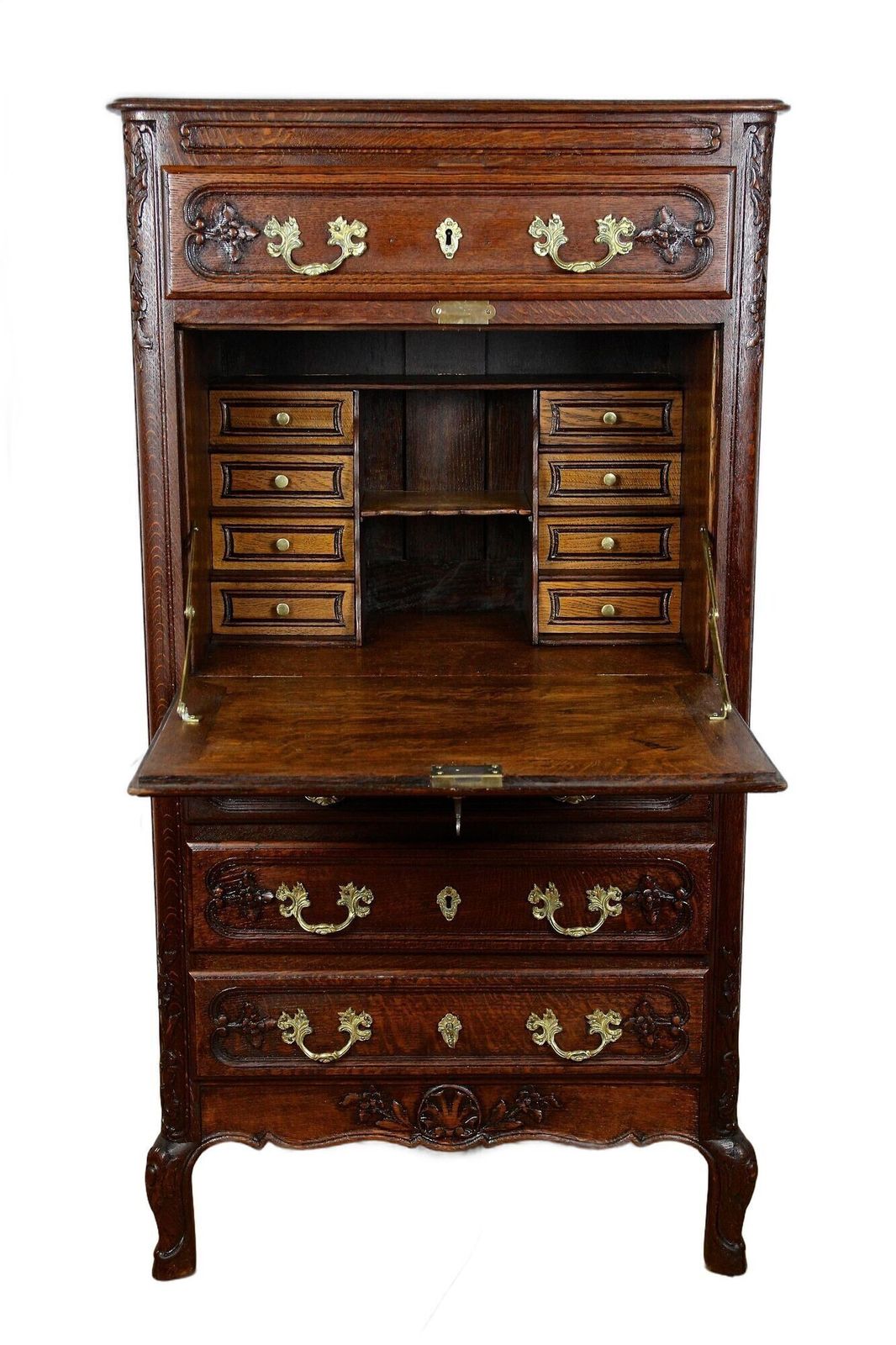 19th Century Baroque Revival Secretaire Cabinet, Oak Handcarved, At Ca. 1870