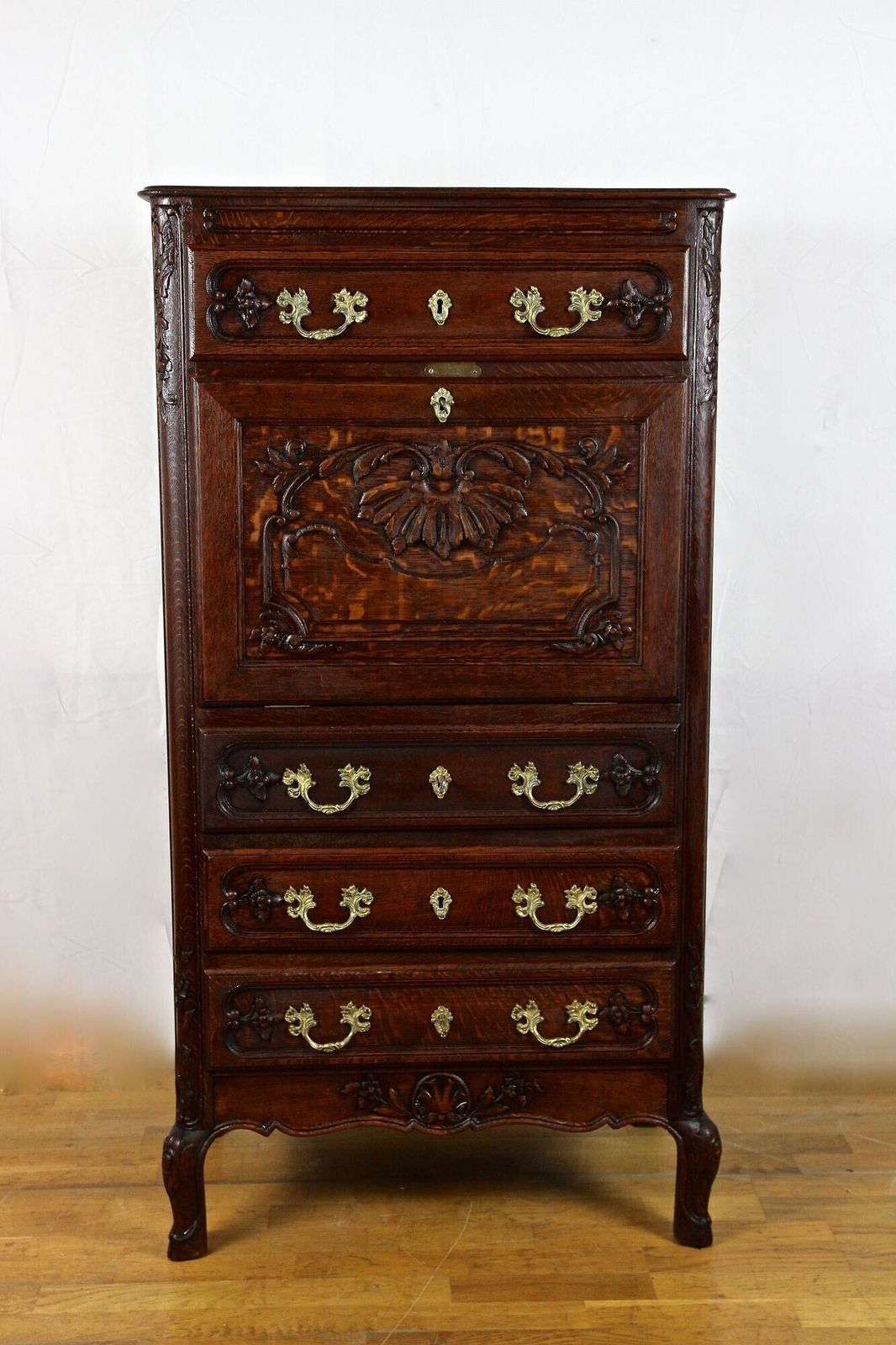 19th Century Baroque Revival Secretaire Cabinet, Oak Handcarved, At Ca. 1870 photo Furniture