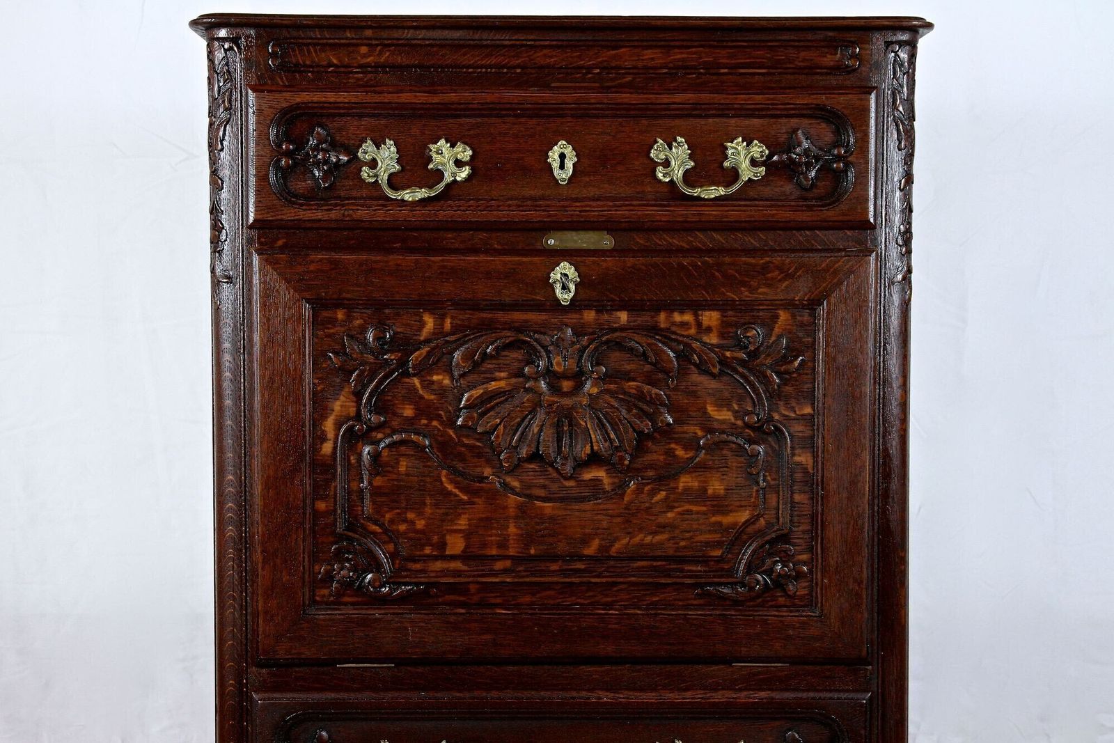 19th Century Baroque Revival Secretaire Cabinet, Oak Handcarved, At Ca. 1870 photo buy