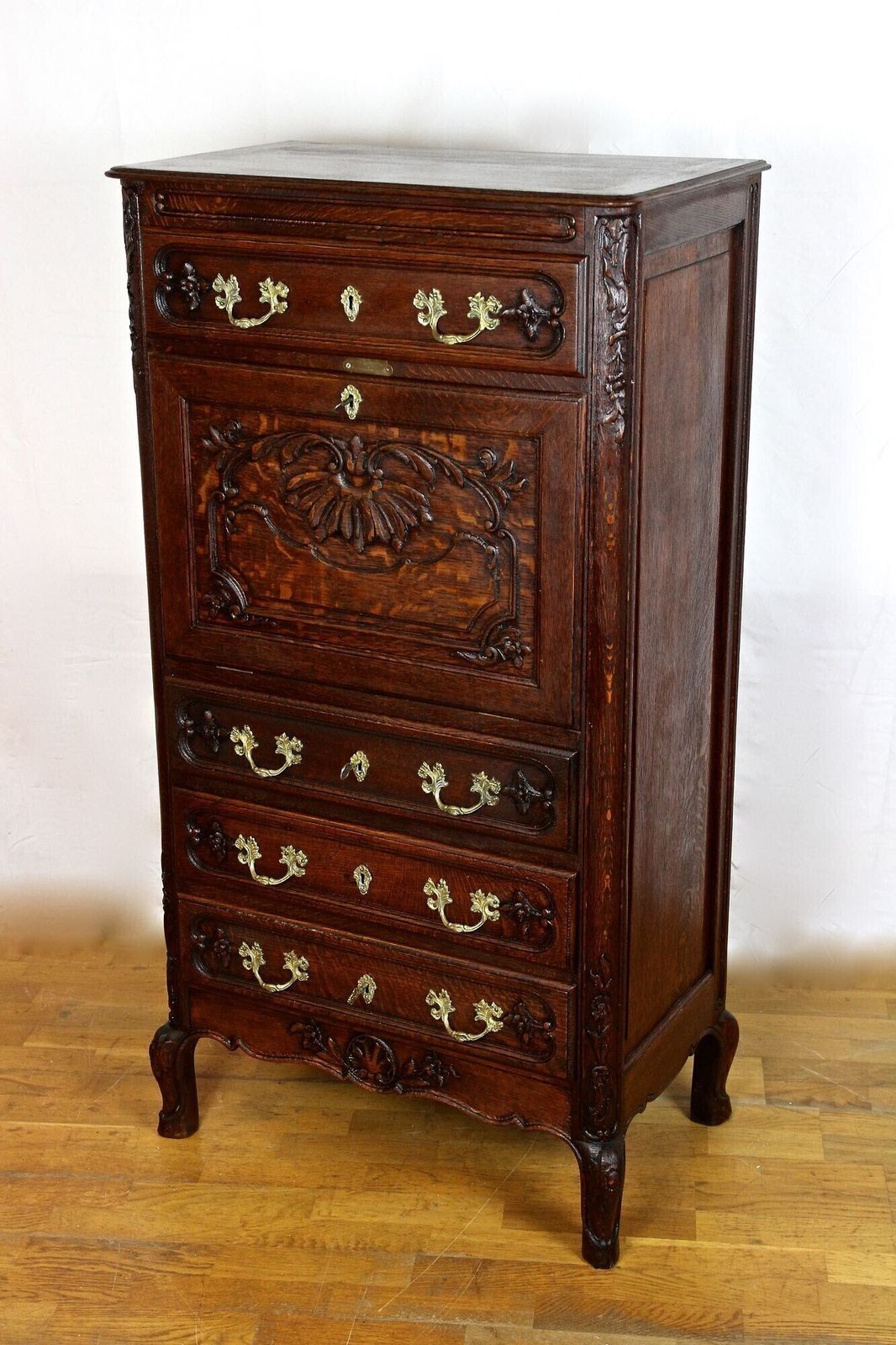 Furniture 19th Century Baroque Revival Secretaire Cabinet, Oak Handcarved, At Ca. 1870 photo