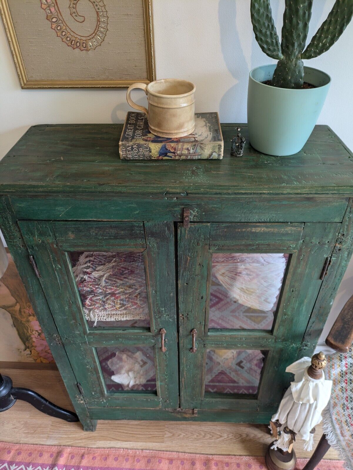 Restored Antique Vintage Indian Cabinet Cupboard Painted Glazed Reclaimed Green photo for sale
