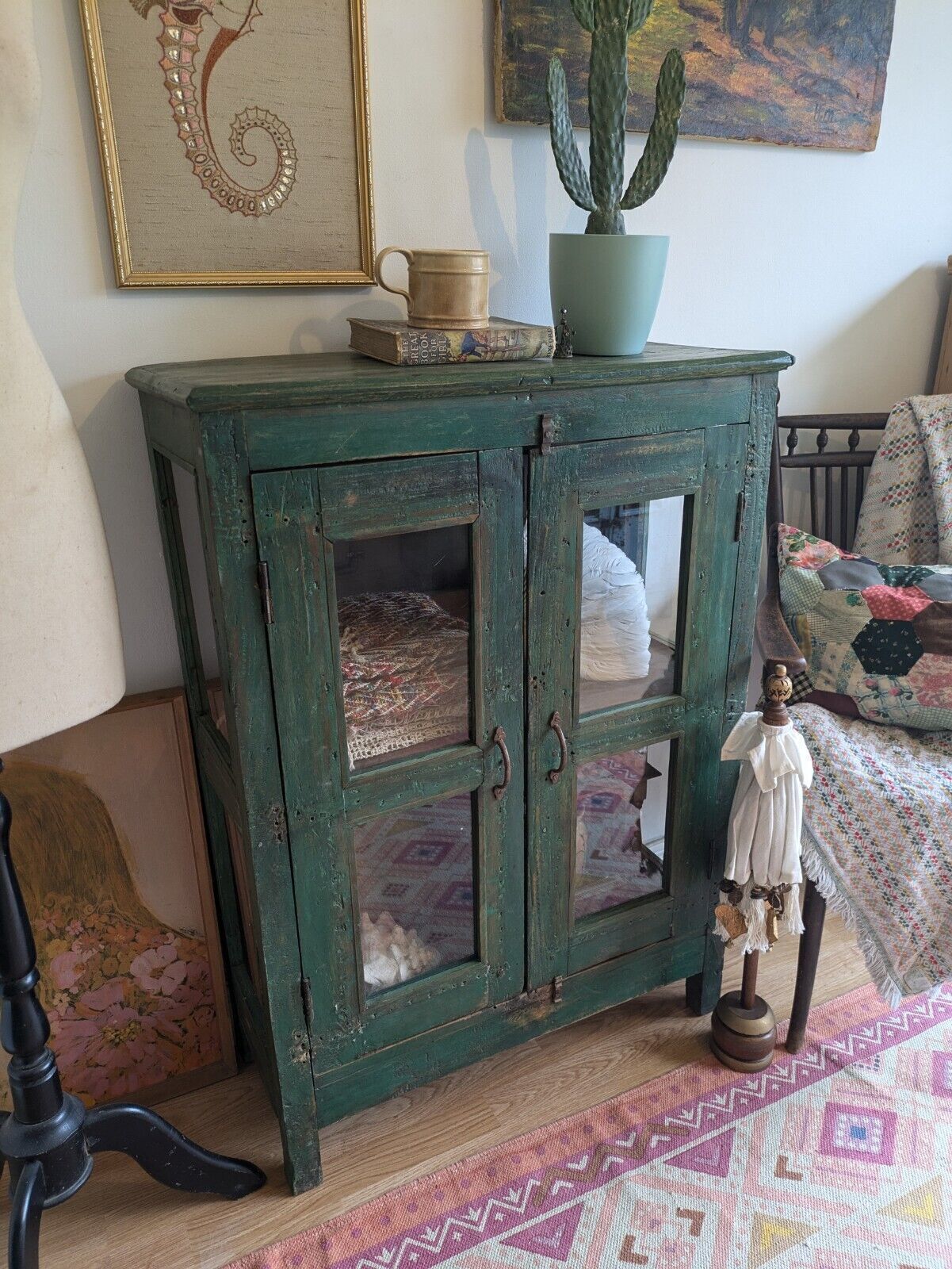 Restored Antique Vintage Indian Cabinet Cupboard Painted Glazed Reclaimed Green photo Furniture