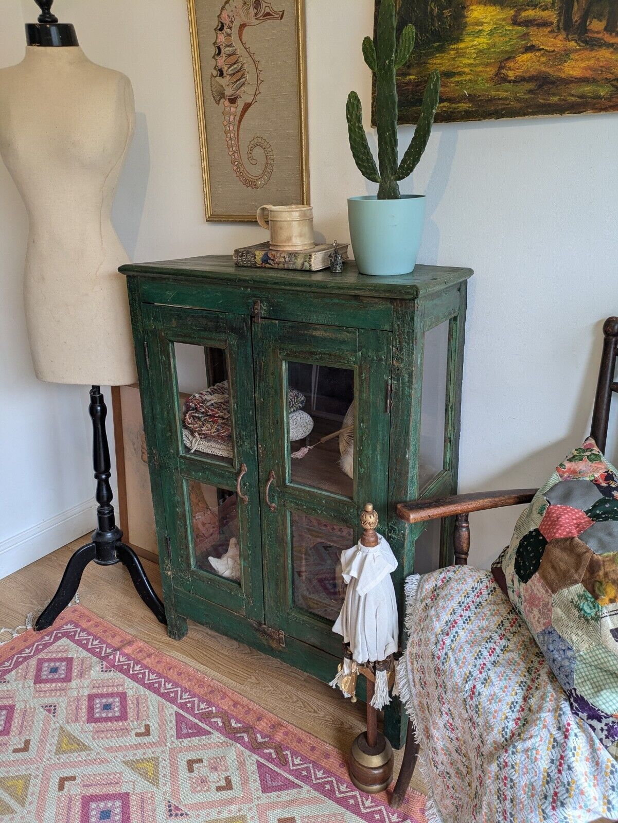 Restored Antique Vintage Indian Cabinet Cupboard Painted Glazed Reclaimed Green photo 525.0