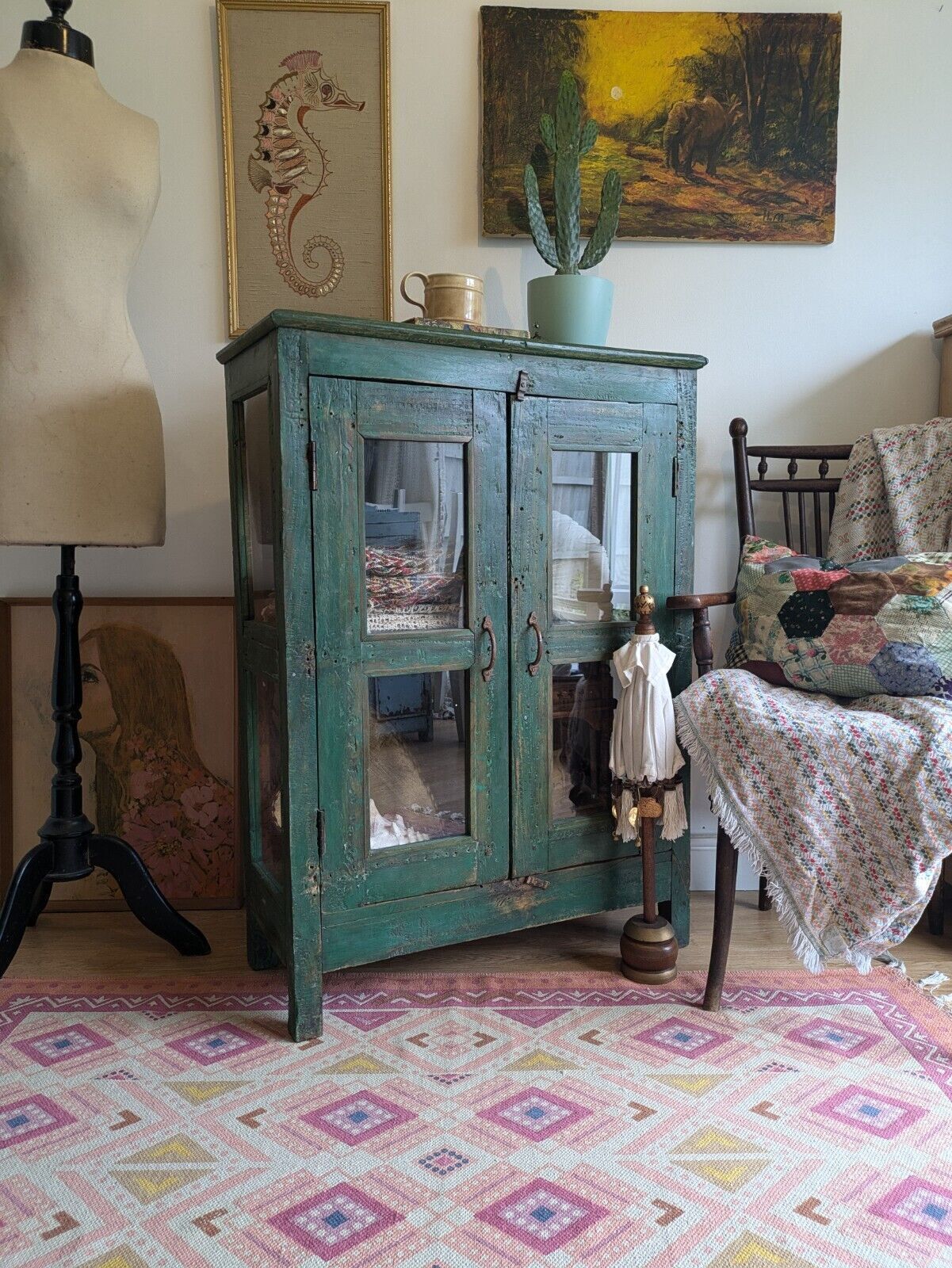 Furniture Restored Antique Vintage Indian Cabinet Cupboard Painted Glazed Reclaimed Green photo