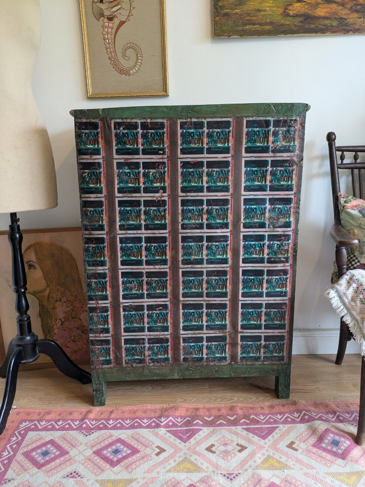 525.0 Restored Antique Vintage Indian Cabinet Cupboard Painted Glazed Reclaimed Green photo