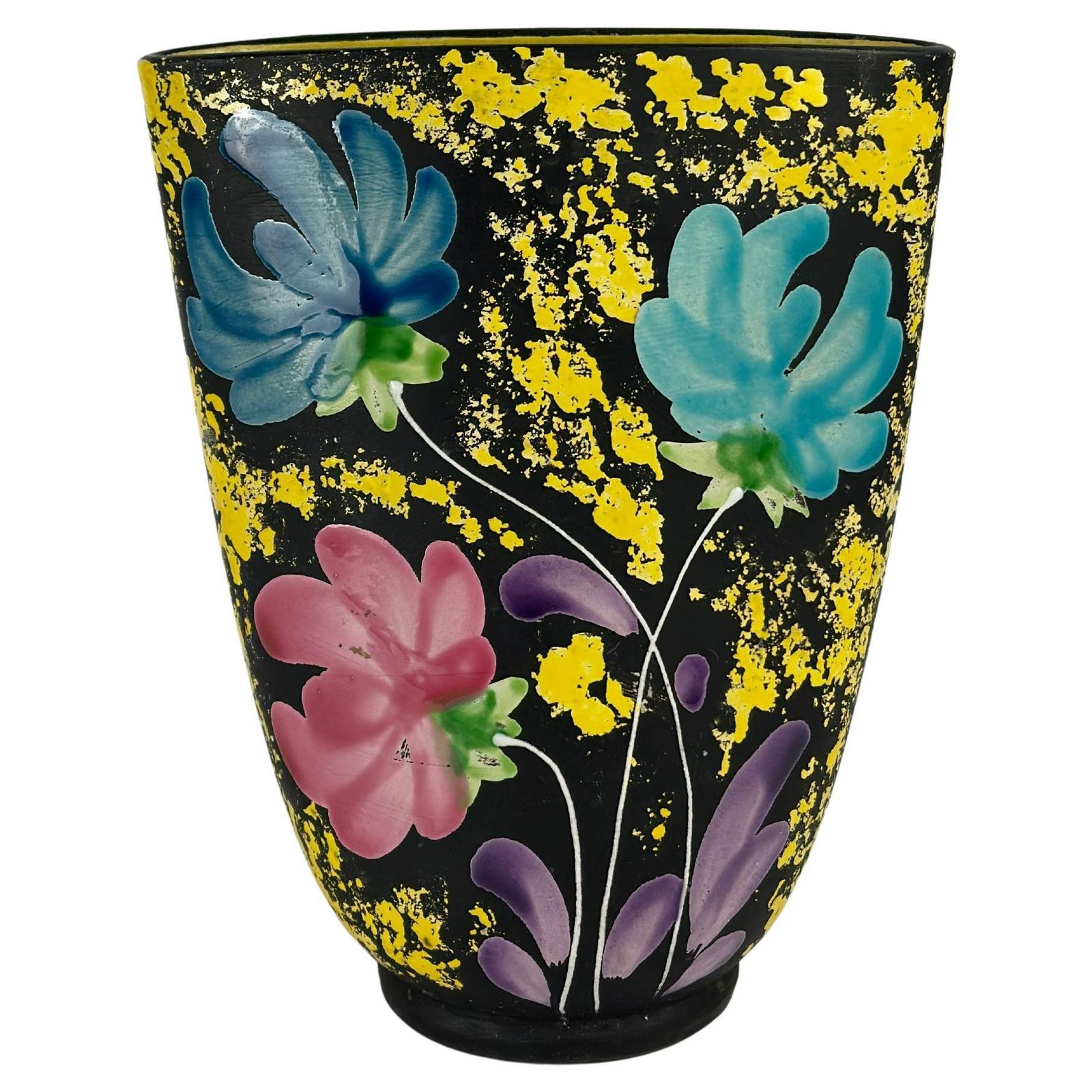 Floral Ceramic Vase, Black Yellow Glaze, Alvino Bagni For Raymor, Italian 1960s